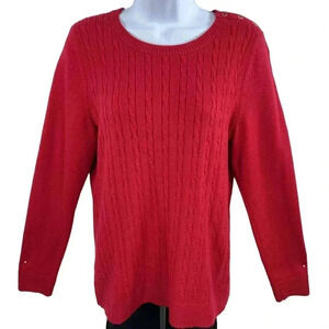 Talbots Womens Large Cable Knit Sweater Decorative Shoulder Buttons Holiday Red